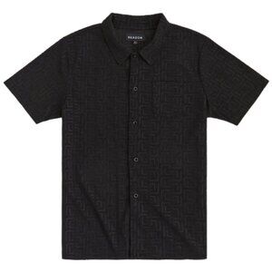 Towel Short Sleeve Embossed Pattern Button Down Shirt - Black